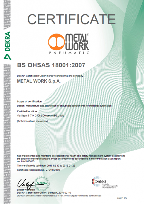 Metal Work Polska Sp. z o.o., Certyfikat BS OHSAS 18001:2007