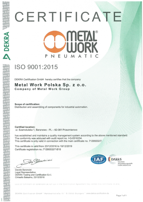Metal Work Polska Sp. z o.o. , Certyfikat ISO 9001:2008