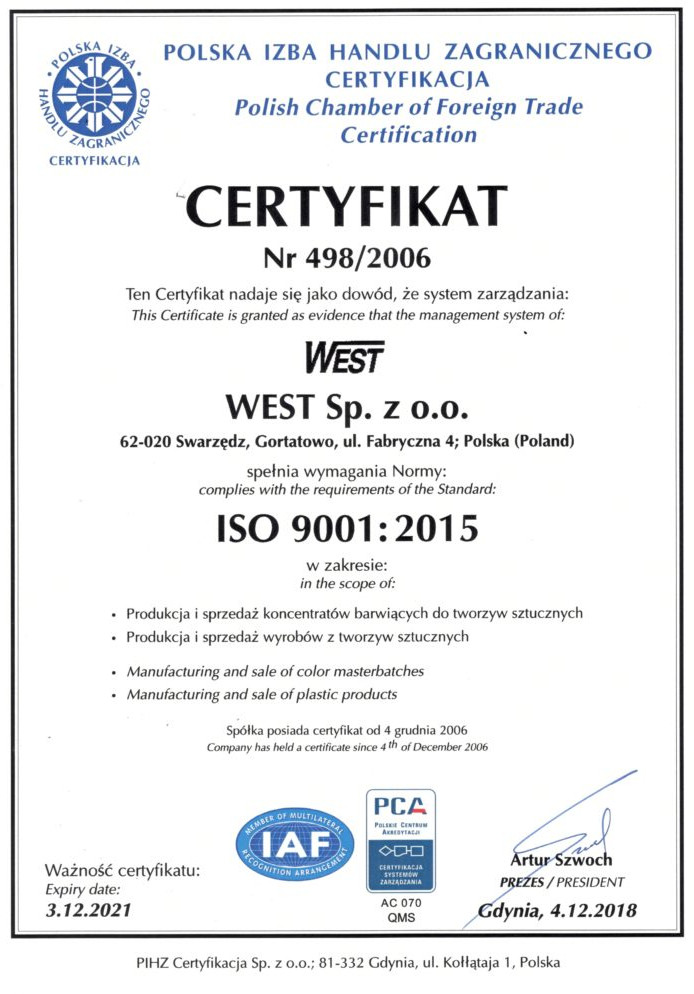 Certyfikat Jakości ISO 9001:2008