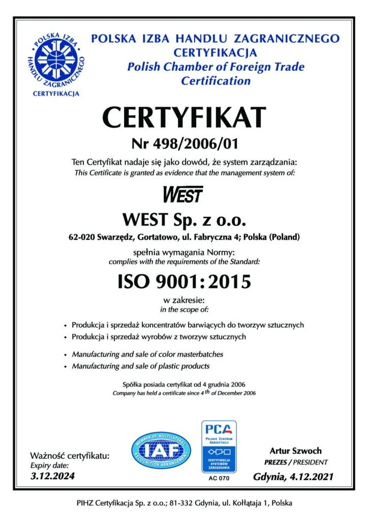 Certyfikat Jakości ISO 9001:2015  (2021)