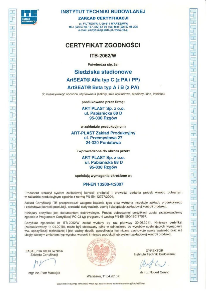 Certyfikat Zgodności PN-EN 13200-4:2007 (2018)