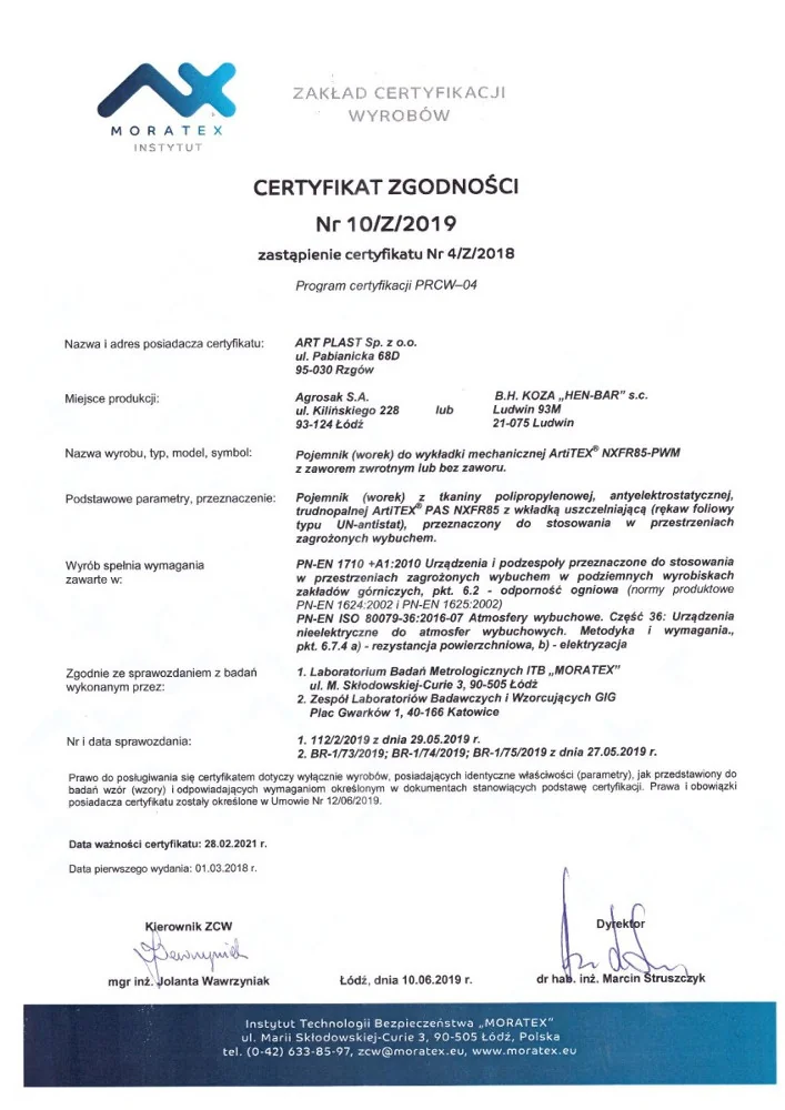 Certyfikat Zgodności Nr 10/Z/2019 (2019)