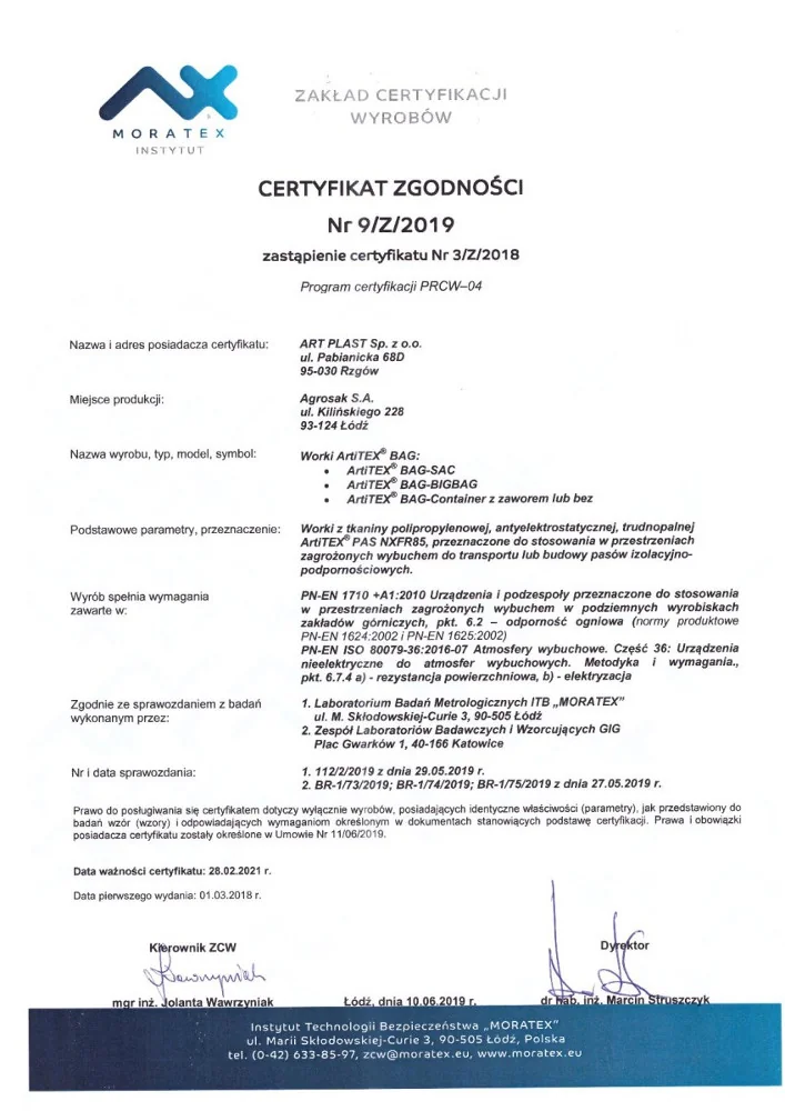 Certyfikat Zgodności Nr 9/Z/2019 (2019)
