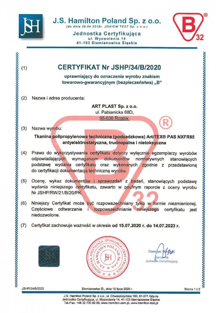 Certyfikat Nr JSHP/34/B/2020 - znak B (2020)