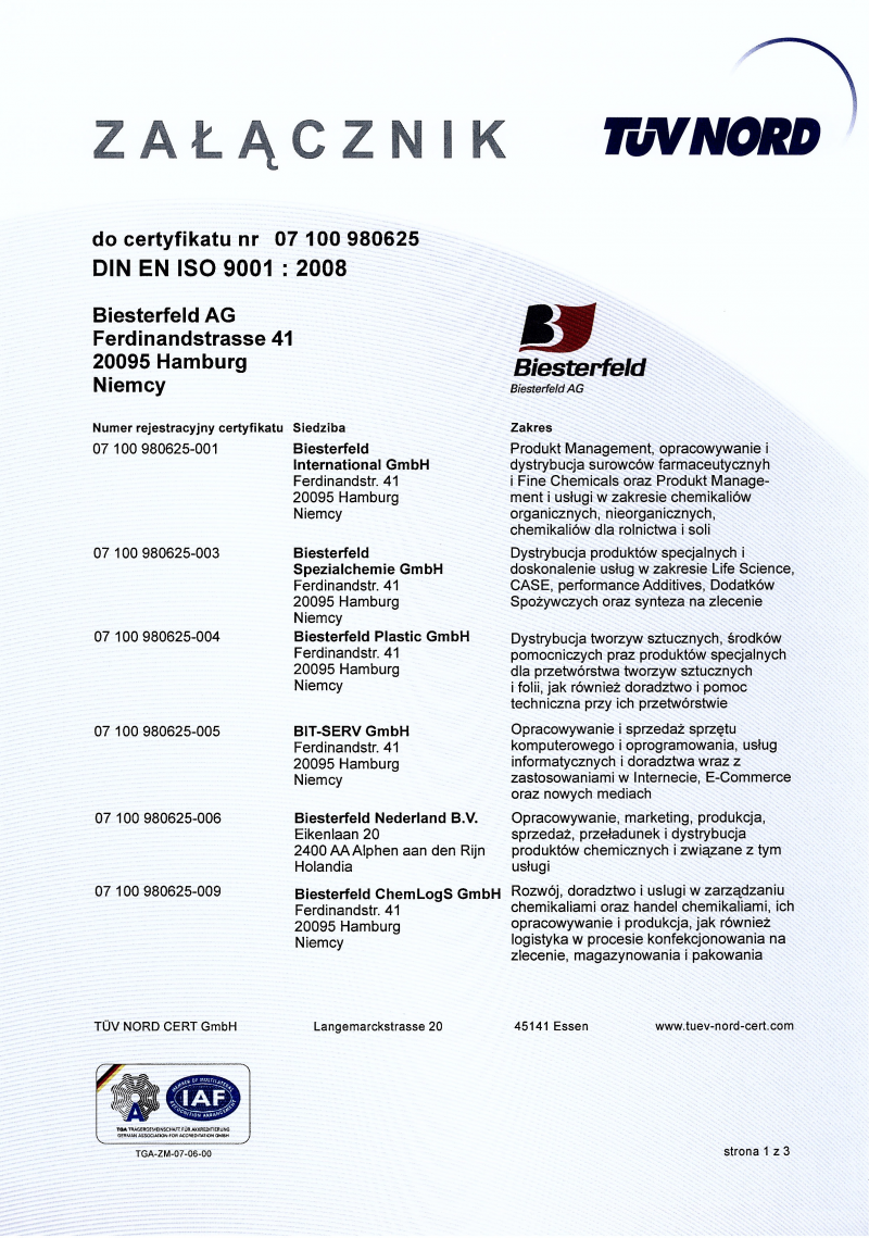 Załącznik do certyfikatu DIN EN ISO 9001:2008