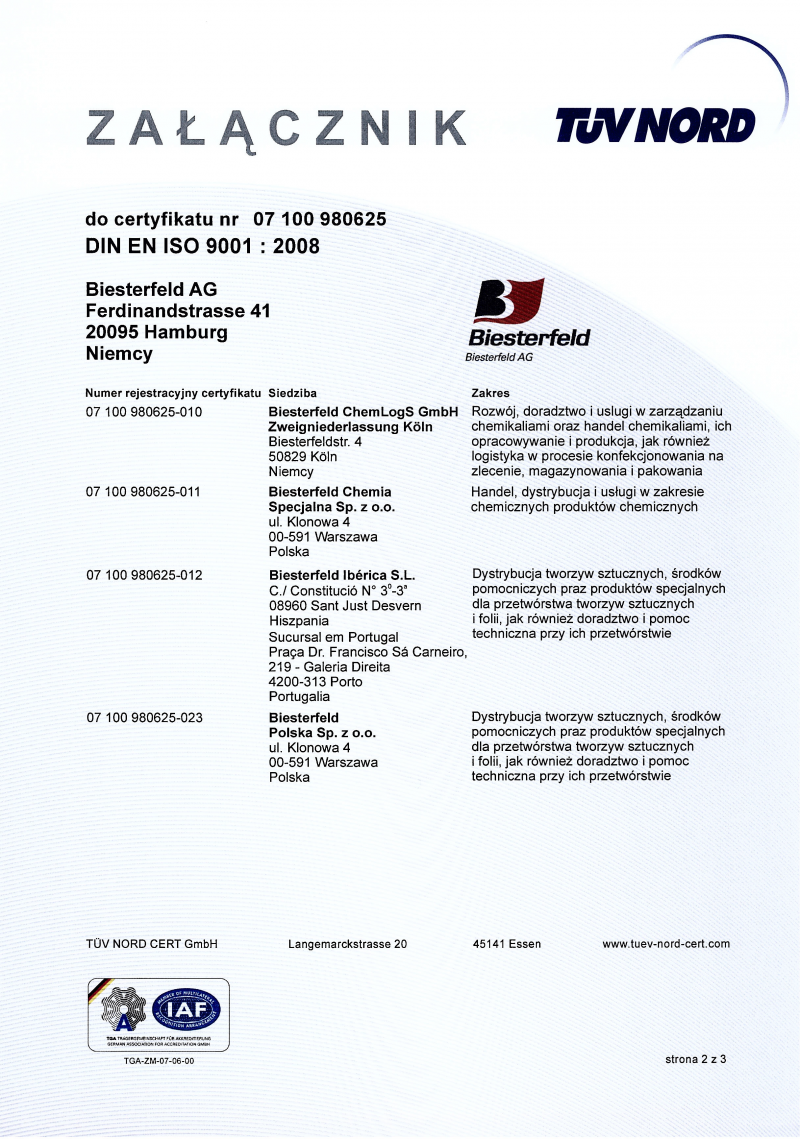 Załącznik do certyfikatu DIN EN ISO 9001:2008