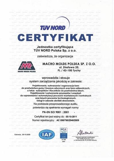 Certyfikat PN-EN ISO 9001:2001, Macro Molds