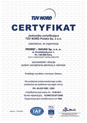 Certyfikat PN-EN ISO 9001:2001 firmy PROBET-DASAG 