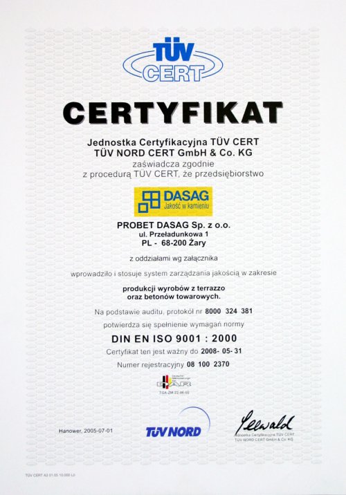 Certyfikat DIN EN ISO 9001:2000 firmy PROBET-DASAG 
