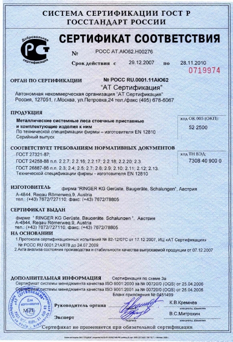 Certyfikat Nr POCC AT.AI-O62.H00276 dla firmy Ringer