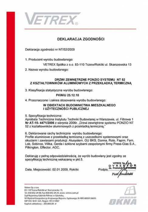 Deklaracja zgodności drzwi zewnętrzne NT/52/2009 Vetrex