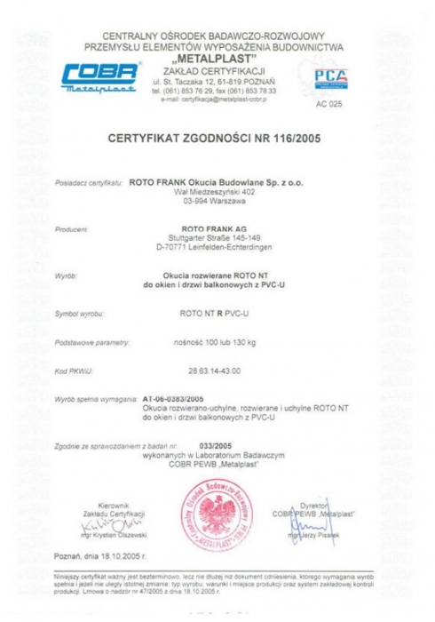 Certyfikat zgodności - okucia "R" ROTO NT Vetrex