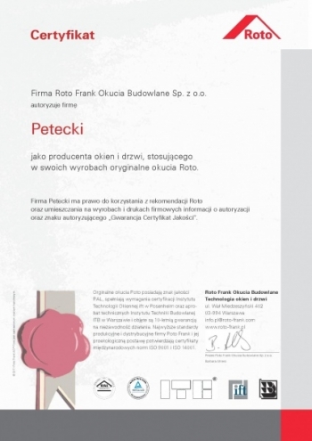 Certyfikat Roto FRANK AG dla firmy PETECKI