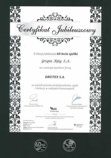 Grupa Kęty - Certyfikat Jubileuszowy