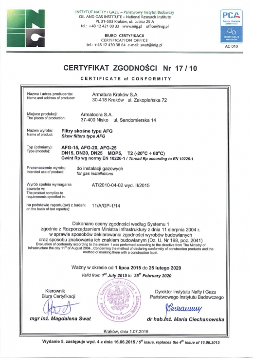 Certyfikat zgodności 17/10 Filtry skośne typu AFG Armatura Kraków S.A.