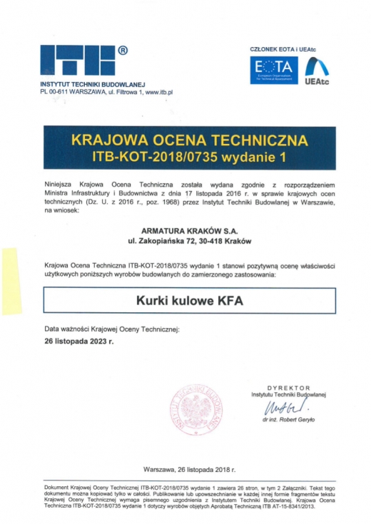 Krajowa ocena techniczna ITB-KOT-2018/0735 wydanie 1 Arkatura Kraków S.A.