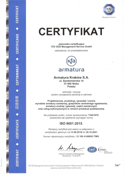 Certyfikat ISO 9001:2015 Armatura Kraków S.A.