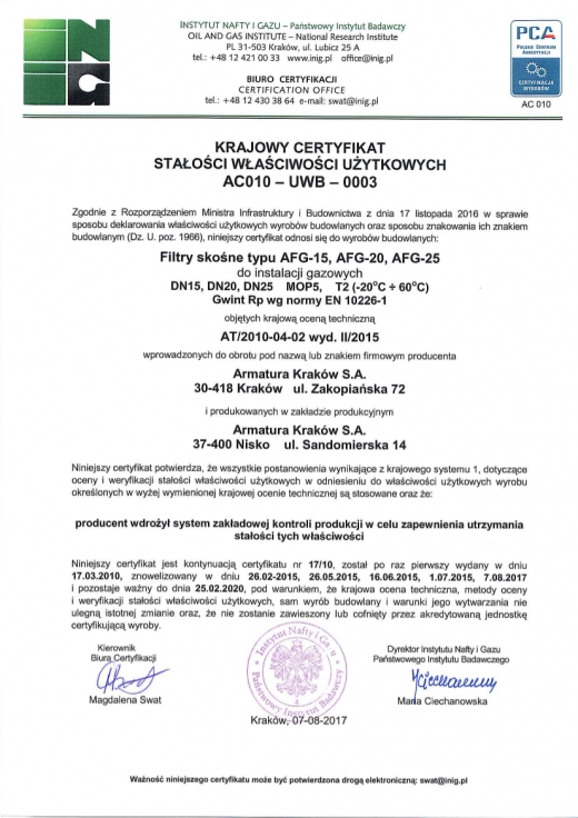 Krajowy certyfikat stałości właściwości użytkowych AX010-UWB-003 Armatura Kraków S.A.