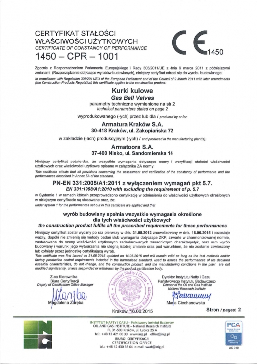 Certyfikat stałości właściwości użytkowych 1450-CPR-1001 Armatura Kraków S.A.