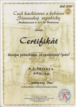 Certyfikat partnerski Cechu Zdunów Republiki Słowackiej