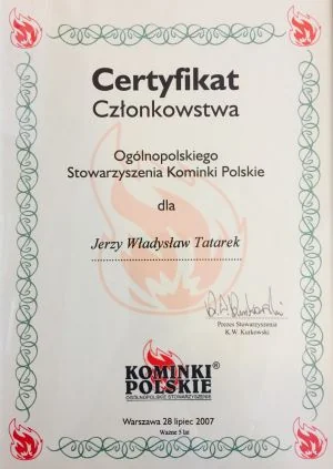 Certyfikat Członkostwa Ogólnopolskiego Stowarzyszenia Kominki Polskie