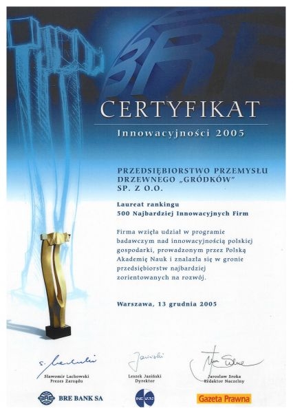 Certyfikat - Innowacyjność 2005 Tartak Gródków