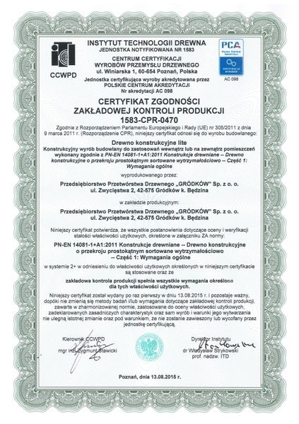 Certyfikat Zgodności Zakładowej Kontroli Produkcji 1583-CPR-0470 Tartak Gródków