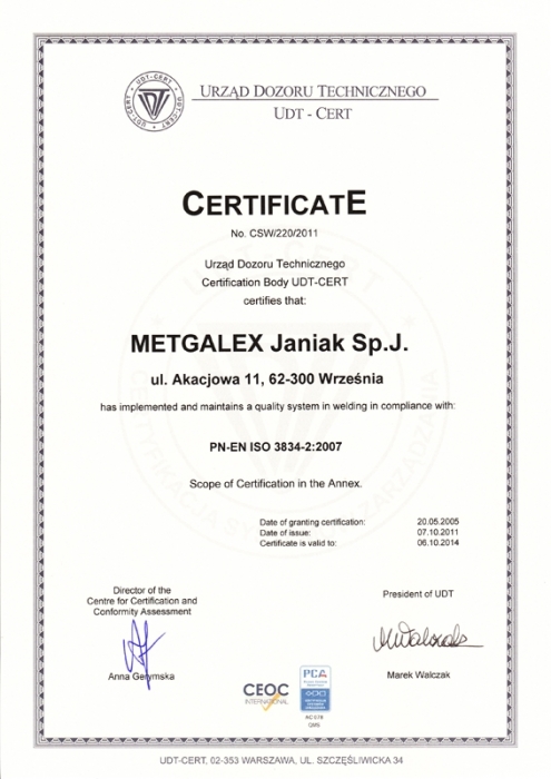Certyfikat PE-EN ISO 3834-2:2007 dla firmy Metgalex