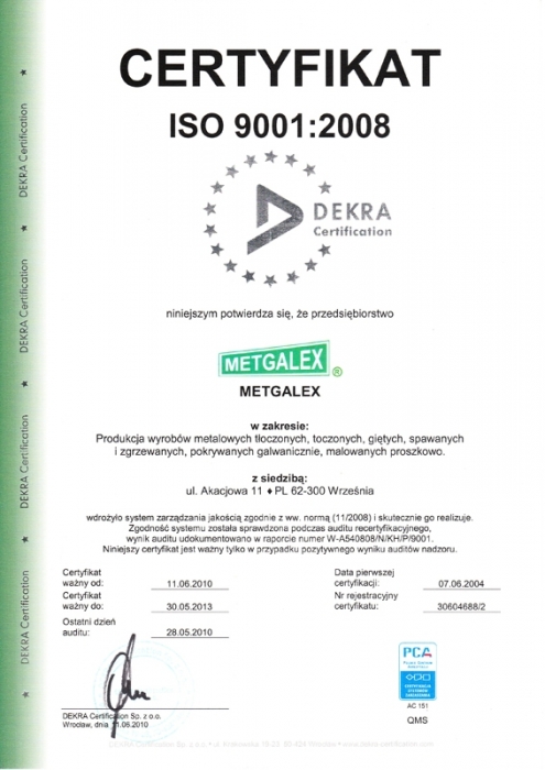 Certyfikat ISO 9001:2008 dla firmy Metgalex