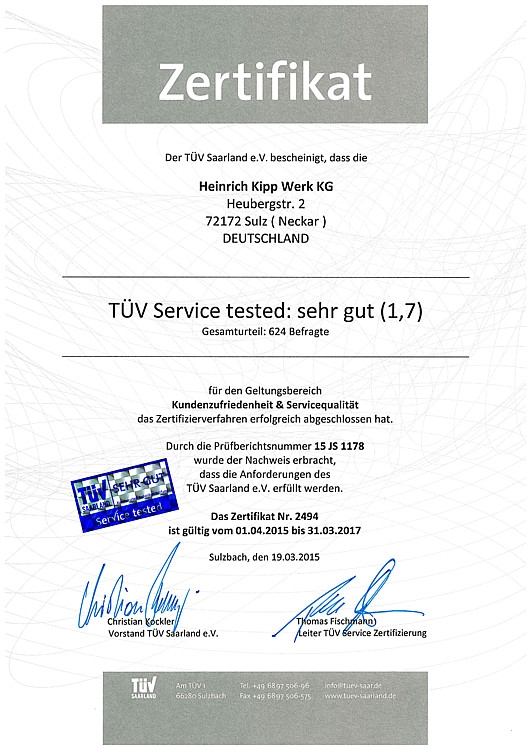 Certyfikat TÜV firmy Heinrich Kipp Werk KG 