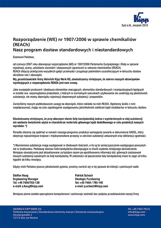 Certyfikat REACh firmy Heinrich Kipp Werk KG 