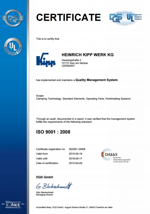 Certyfikat ISO 9001:2008 firmy Heinrich Kipp Werk KG 