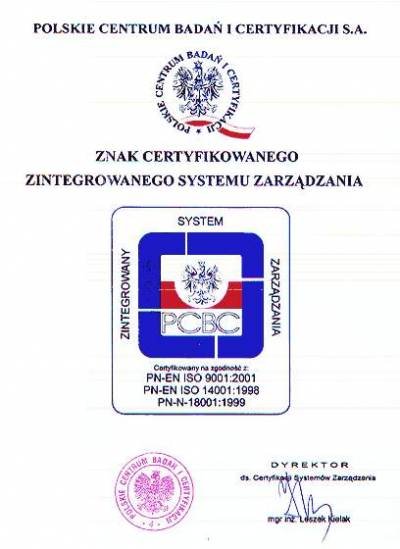 Znak Certyfikowanego Zintegrowanego Systemu Zarządzania	 firmy FREZWID