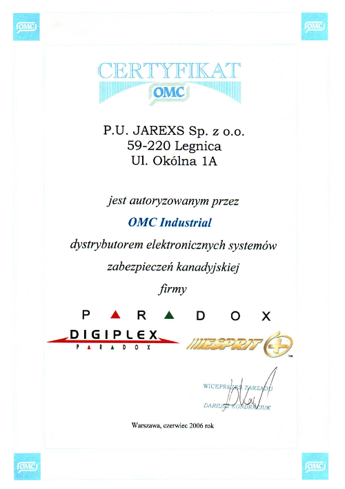 Certyfikat OMC Industrial, Jarexs