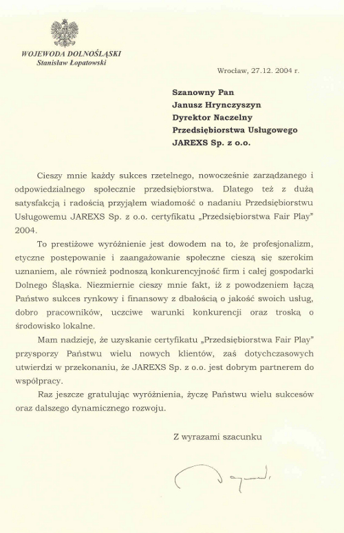 Referencje - Wojewoda Dolnośląski Stanisław Łopatowski, Jarexs