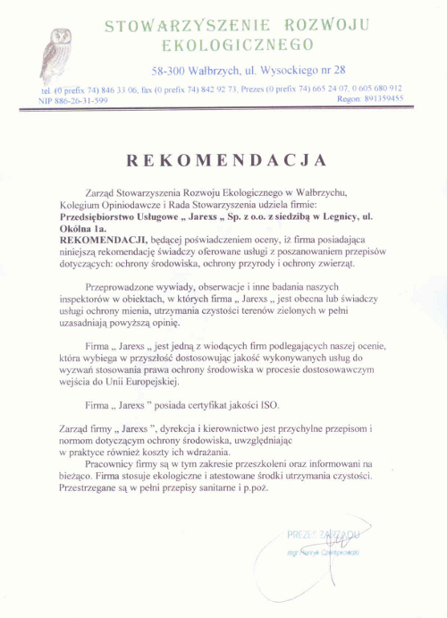 Rekomendacja - Stowarzyszenie Rozwoju Ekologicznego w Wałbrzychu, Jarexs