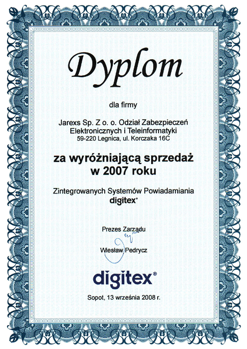 Dyplom za wyróżniającą sprzedaż w 2007 roku, Jarexs
