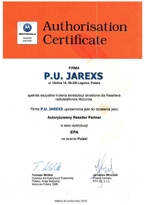 Certyfikat MOTOROLA POLSKA dla Jarexs