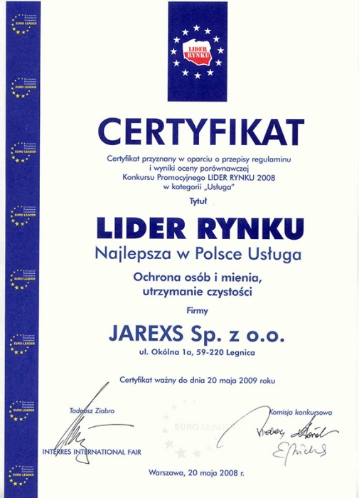 Certyfikat - Lider Rynku 2008, Jarexs