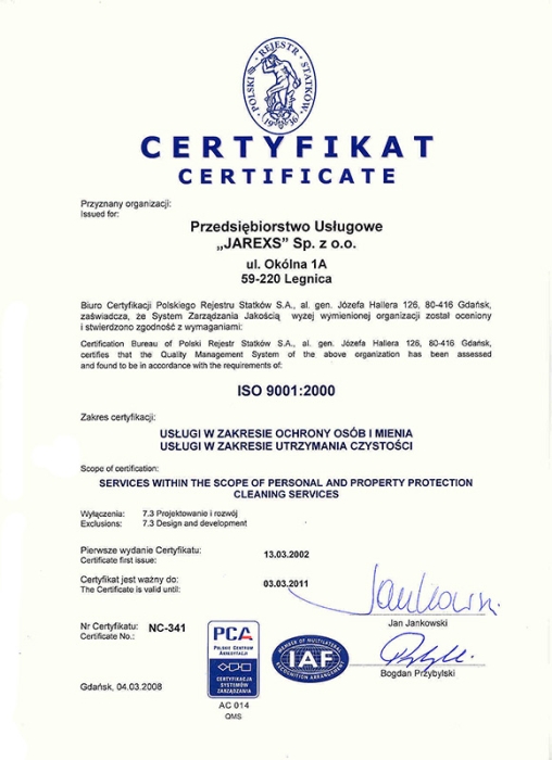 Certyfikat ISO 9001:2000 uzyskany i utrzymany od 2002 roku, Jarexs