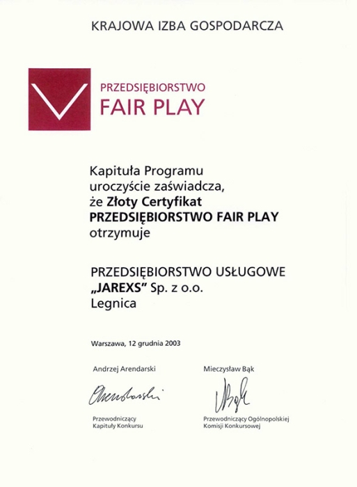 Przedsiębiorstwo Fair Play 2003, złoty certyfikat dla Jarexs