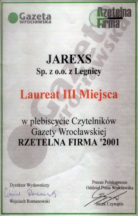 III Miejsce w plebiscycie Rzetelna Firma 2001, Jarexs
