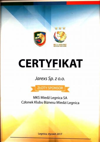 Certyfikat - Złoty Sponsor - MKS Miedź Legnica SA
