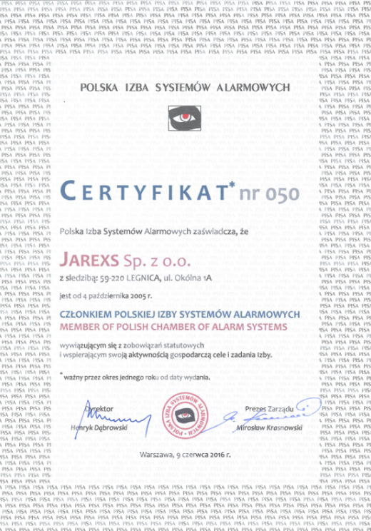 Certyfikat - Polska Izba Systemów Alarmowych