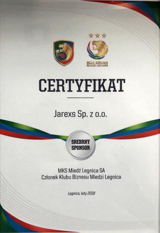 Certyfikat Srebrny Sponsor - MKS Miedź Legnica SA
