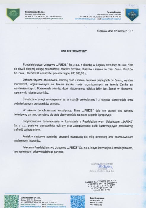 List referencyjny Zamek Kliczków dla firmy Jarexs