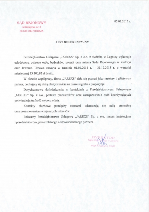 List referencyjny Sąd Rejonowy w Złotoryi dla firmy Jarexs