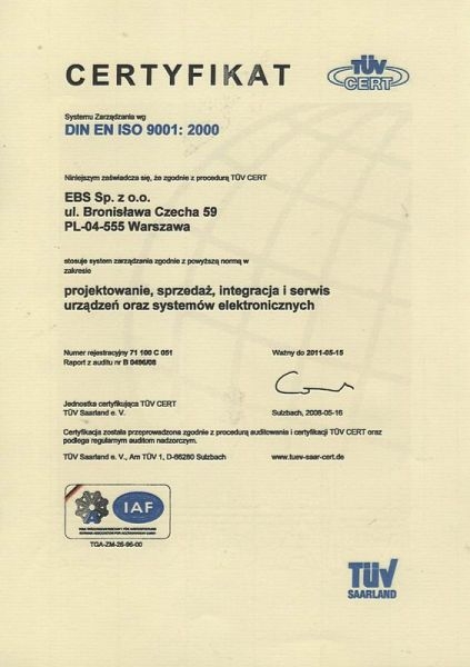Certyfikat DIN EN ISO 9001:2000 dla firmy EBS