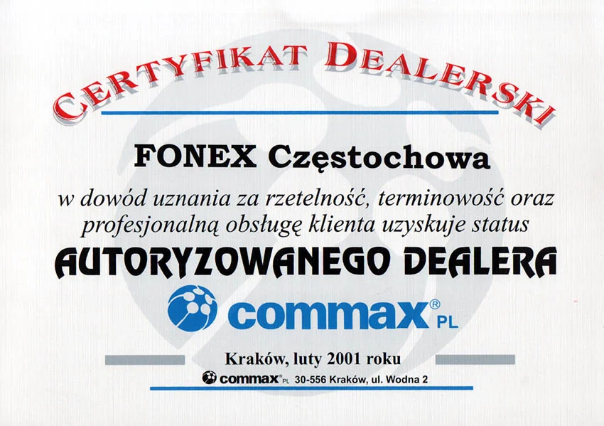 Certyfikat autoryzowanego dealera COMMAX (2001)