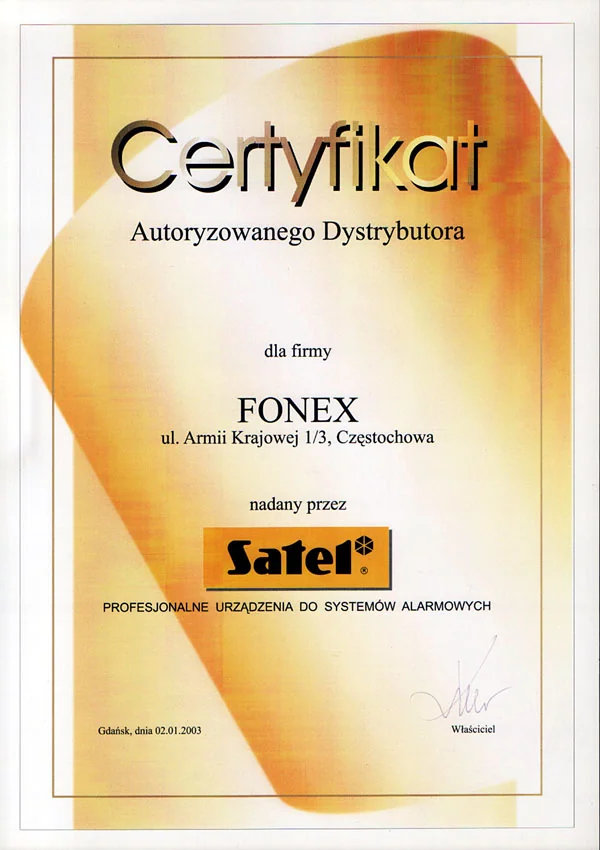 Certyfikat autoryzowanego dystrybutora SATEL (2003)